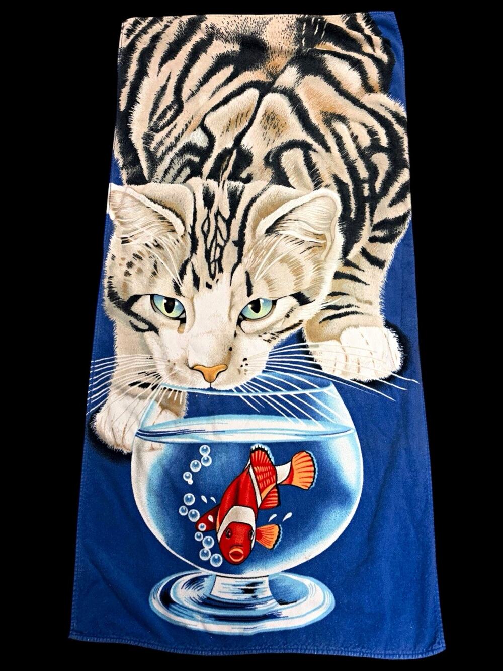 Vintage Hilasal Cat Fish Bowl Beach Towel 100 Cotton El Salvador Rare 90s rare